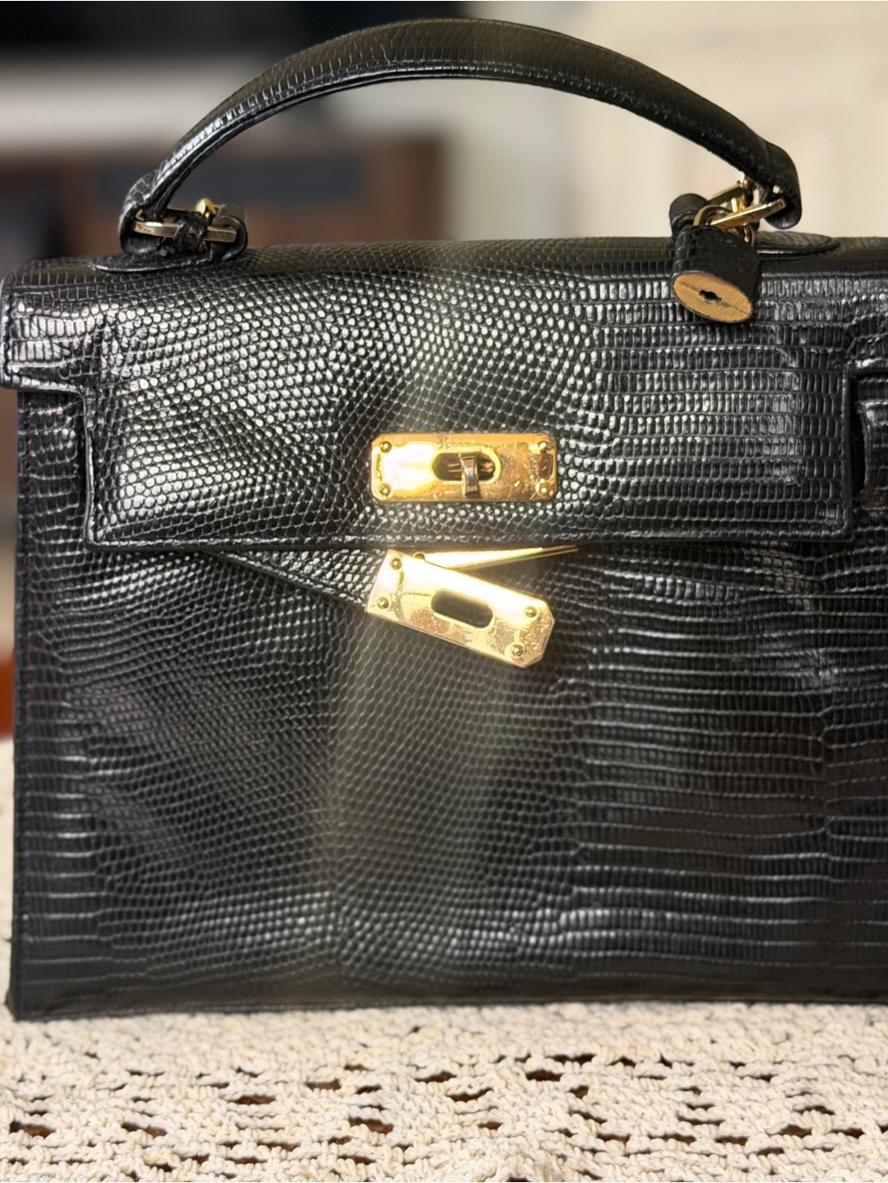 Susan Gail Black Lizard-Embossed Top-Handle Satchel with Gold Hardware